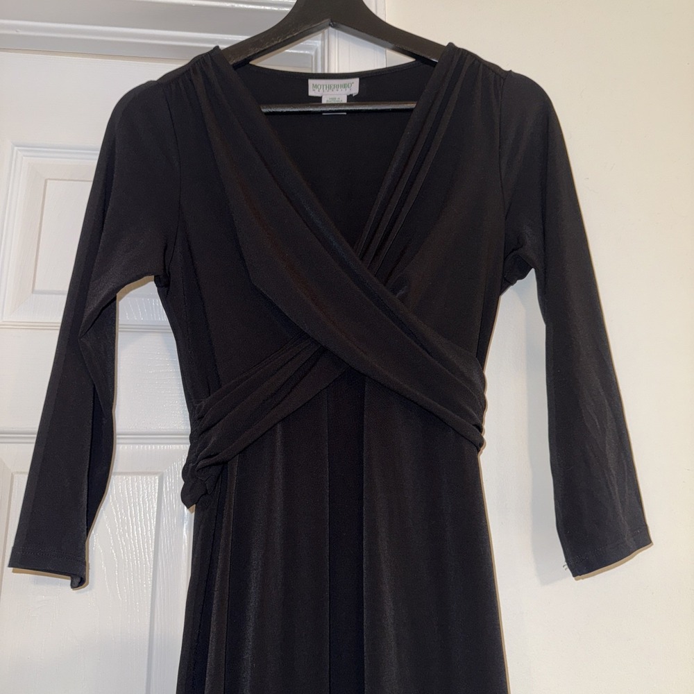 Motherhood Maternity Black Dress Size S 3/4 Sleeve with Waist Tie in Back - Picture 2 of 11